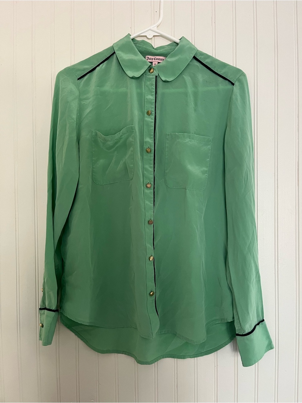 Juicy Couture Silk Blouse Seafoam Green Collar Y2K Mint Button Front S